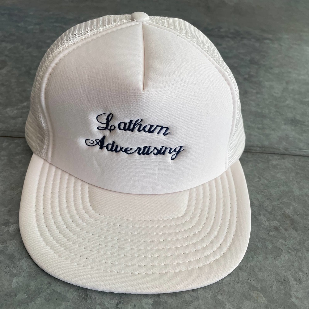 Vintage Latham Advertising Script Embroidered Snapback Hat White Blue Retro Dad